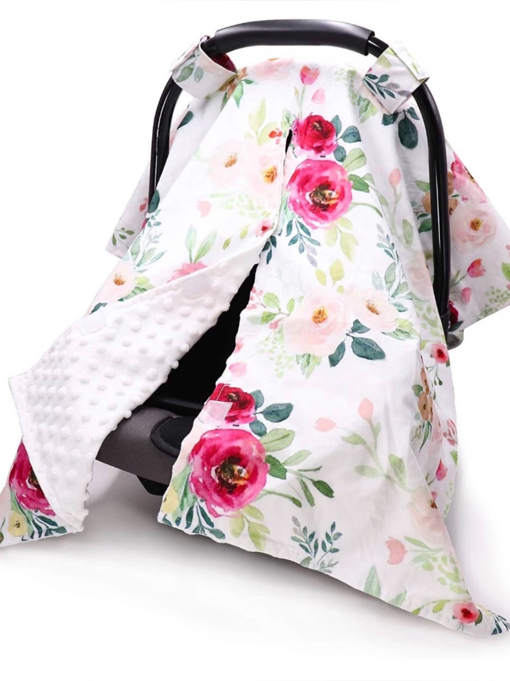 pink and white floral car seat canopy